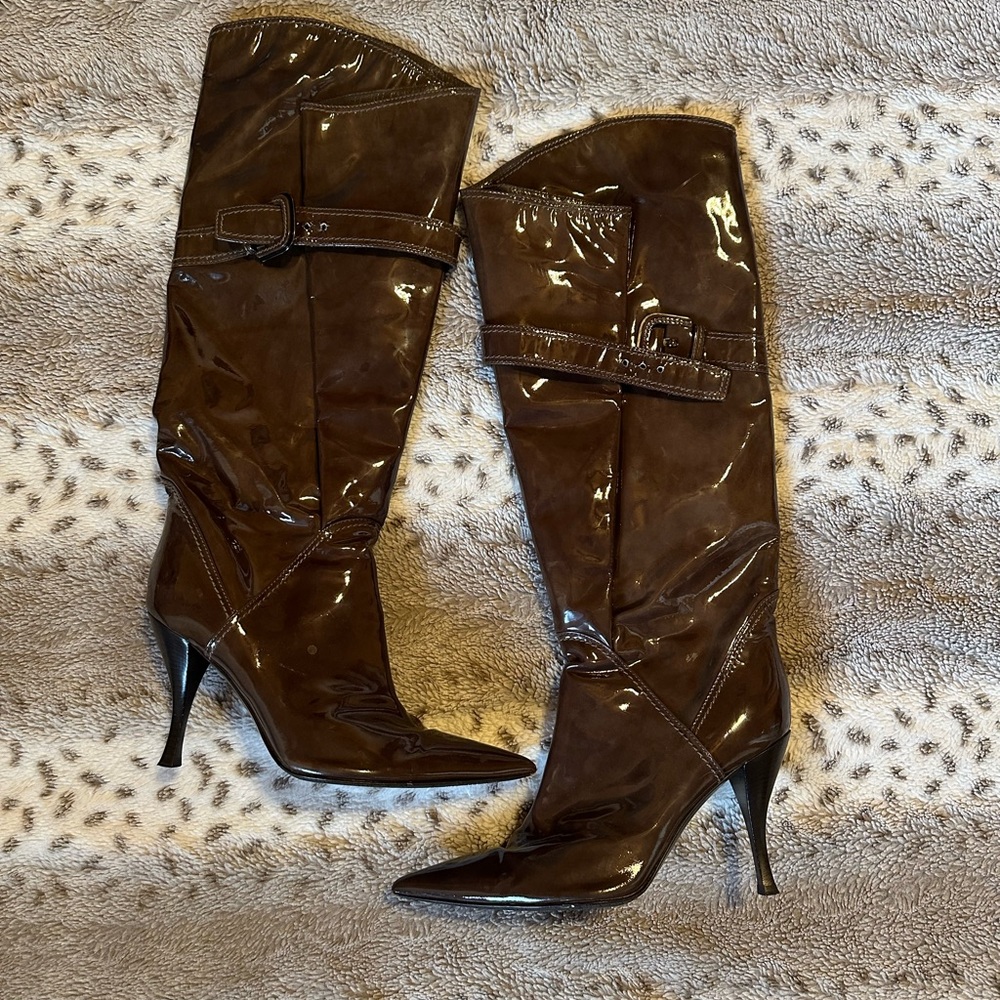 Sergio Rossi Collector’s Chocolate Patent Leather Heeled Boots